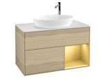 Villeroy und Boch Finion Waschtischunterschrank F901HFPC 100cm, Abdeckplatte white matt, Regale Gold matt lacquer, Oak Veneer