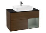 Villeroy und Boch Finion Waschtischunterschrank F372GMGN 100cm, Abdeckplatte black matt, Regal rechts Olive Matt Lacquer, Walnut veneer