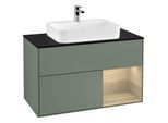 Villeroy und Boch Finion Waschtischunterschrank F372PCGM 100cm, Abdeckplatte black matt, Regal rechts Oak Veneer, Olive Matt Lacquer