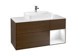 Villeroy und Boch Finion Waschtischunterschrank G421GFGN 120cm, Abdeckplatte white matt, Emotion, Regal rechts Glossy white, Walnut veneer