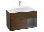 Villeroy und Boch Finion Waschtischunterschrank G781GKGN 100cm, Abdeckplatte white matt, Emotion, Regale Anthracite matt lacquer, Walnut veneer