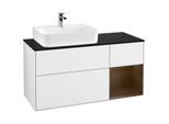Villeroy und Boch Finion Waschtischunterschrank G152GNGF 120cm, Abdeckplatte black matt, Emotion, Regal links Walnut veneer, Glossy white lacquer