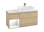 Villeroy und Boch Finion Waschtischunterschrank F141GFPC 120cm, Abdeckplatte glass white Matt, Regal links Glossy white lacquer, Oak Veneer
