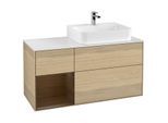 Villeroy und Boch Finion Waschtischunterschrank F141GNPC 120cm, Abdeckplatte glass white Matt, Regal links Walnut veneer, Oak Veneer