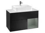 Villeroy und Boch Finion Waschtischunterschrank F121GMPD 100cm, Abdeckplatte weiß matt, Regal rechts Olive Matt Lacquer, Black matt lacquer
