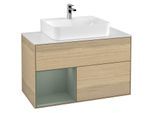 Villeroy und Boch Finion Waschtischunterschrank G111GMPC 100cm, Abdeckplatte white matt, Emotion, Regal links Olive Matt Lacquer, Oak Veneer