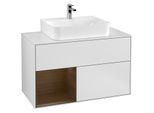 Villeroy und Boch Finion Waschtischunterschrank F111GNMT 100cm, Abdeckplatte black matt, Regal links Walnut veneer, White matt lacquer