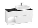 Villeroy und Boch Finion Waschtischunterschrank F142GFGF 120cm, Abdeckplatte Glass Black Matt, Regal links Glossy white lacquer, Glossy white lacquer