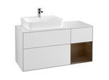 Villeroy und Boch Finion Waschtischunterschrank G151GNMT 120cm, Abdeckplatte white matt, Emotion, Regal links Walnut veneer, White matt lacquer