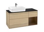 Villeroy und Boch Finion Waschtischunterschrank F152GNPC 120cm, Abdeckplatte black matt, Regal rechts Walnut veneer, Oak Veneer