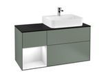 Villeroy und Boch Finion Waschtischunterschrank G142GFGM 120cm, Abdeckplatte black matt, Emotion, Regal links Glossy white lacquer, Olive Matt Lacquer