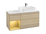 Villeroy und Boch Finion Waschtischunterschrank F141HFPC 120cm, Abdeckplatte glass white Matt, Regal links Gold matt, Oak Veneer
