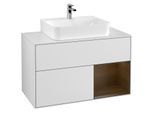 Villeroy und Boch Finion Waschtischunterschrank F121GNMT 100cm, Abdeckplatte weiß matt, Regal rechts Walnut veneer, White matt lacquer