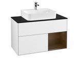 Villeroy und Boch Finion Waschtischunterschrank F122GNGF 100cm, Abdeckplatte black matt, Regal rechts Walnut veneer, Glossy white lacquer