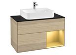 Villeroy und Boch Finion Waschtischunterschrank F122HFPC 100cm, Abdeckplatte black matt, Regal rechts Gold matt, Oak Veneer