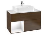 Villeroy und Boch Finion Waschtischunterschrank G111GFGN 100cm, Abdeckplatte white matt, Emotion, Regal links Glossy white lacquer, Walnut veneer