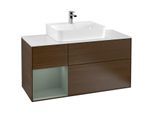 Villeroy und Boch Finion Waschtischunterschrank G161GMGN 120cm, Abdeckplatte white matt, Emotion, Regal links Olive Matt Lacquer, Walnut veneer