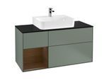 Villeroy und Boch Finion Waschtischunterschrank G162GNGM 120cm, Abdeckplatte black matt, Emotion, Regal links Walnut veneer, Olive Matt Lacquer