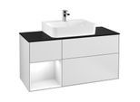 Villeroy und Boch Finion Waschtischunterschrank F162GFMT 120cm, Abdeckplatte black matt, Regal links Glossy white lacquer, White matt lacquer
