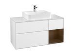 Villeroy und Boch Finion Waschtischunterschrank F171GNGF 120cm, Abdeckplatte white matt, Regal rechts Walnut veneer, Glossy white lacquer