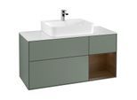 Villeroy und Boch Finion Waschtischunterschrank G171GNGM 120cm, Abdeckplatte white matt, Emotion, Regal rechts Walnut veneer, Olive Matt Lacquer