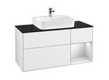 Villeroy und Boch Finion Waschtischunterschrank G172MTGF 120cm, Abdeckplatte black matt, Emotion, Regal rechts White matt lacquer, Glossy white lacquer