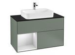 Villeroy und Boch Finion Waschtischunterschrank F362MTGM 100cm, Abdeckplatte black matt, Regal links White matt lacquer, Olive Matt Lacquer