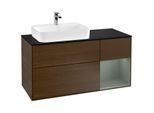 Villeroy und Boch Finion Waschtischunterschrank G402GMGN 120cm, Abdeckplatte black matt, Emotion, Regal rechts Olive Matt Lacquer, Walnut veneer