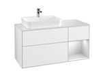Villeroy und Boch Finion Waschtischunterschrank F401MTGF 120cm, Abdeckplatte white matt, Regal rechts White matt lacquer, Glossy white lacquer