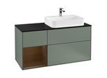 Villeroy und Boch Finion Waschtischunterschrank F392GNGM 120cm, Abdeckplatte black matt, Regal links Walnut veneer, Olive Matt Lacquer