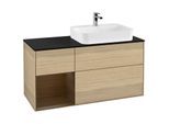 Villeroy und Boch Finion Waschtischunterschrank F392GNPC 120cm, Abdeckplatte black matt, Regal links Walnut veneer, Oak Veneer