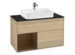 Villeroy und Boch Finion Waschtischunterschrank G362GNPC 100cm, Abdeckplatte black matt, Emotion, Regal links Walnut veneer, Oak Veneer