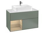 Villeroy und Boch Finion Waschtischunterschrank F111PCGM 100cm, Abdeckplatte black matt, Regal links Oak Veneer, Olive Matt Lacquer