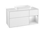 Villeroy und Boch Finion Waschtischunterschrank F301MTGF 120cm, Abdeckplatte white matt, Regal rechts White matt lacquer, Glossy white lacquer