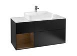 Villeroy und Boch Finion Waschtischunterschrank F411GNPD 120cm, Abdeckplatte white matt, Regal links Walnut veneer, Black matt lacquer