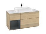 Villeroy und Boch Finion Waschtischunterschrank F411HGPC 120cm, Abdeckplatte white matt, Regal links Midnight Blue Matt Lacquer, Oak Veneer