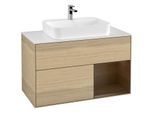 Villeroy und Boch Finion Waschtischunterschrank G371GNPC 100cm, Abdeckplatte white matt, Emotion, Regal rechts Walnut veneer, Oak Veneer