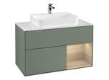 Villeroy und Boch Finion Waschtischunterschrank F371PCGM 100cm, Abdeckplatte white matt, Regal rechts Oak Veneer, Olive Matt Lacquer