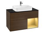 Villeroy und Boch Finion Waschtischunterschrank F372HFGN 100cm, Abdeckplatte black matt, Regal rechts Gold matt, Walnut veneer