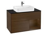 Villeroy und Boch Finion Waschtischunterschrank F372GNGN 100cm, Abdeckplatte black matt, Regal rechts Walnut veneer, Walnut veneer
