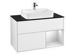 Villeroy und Boch Finion Waschtischunterschrank F372MTGF 100cm, Abdeckplatte black matt, Regal rechts White matt lacquer, Glossy white lacquer