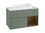 Villeroy und Boch Finion Waschtischunterschrank F251GNGM 100x60,3cm, Abdeckplatte white matt, Regal rechts Walnut veneer, Olive Matt Lacquer
