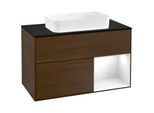 Villeroy und Boch Finion Waschtischunterschrank F252GFGN 100x60,3cm, Abdeckplatte black matt, Regal rechts Glossy white lacquer, Walnut veneer