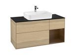Villeroy und Boch Finion Waschtischunterschrank G422GNPC 120cm, Abdeckplatte black matt, Emotion, Regal rechts Walnut veneer, Oak Veneer