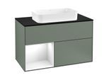 Villeroy und Boch Finion Waschtischunterschrank G242GFGM 100cm, Abdeckplatte black matt, Emotion, Regal links Glossy white lacquer, Olive Matt Lacquer