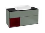 Villeroy und Boch Finion Waschtischunterschrank F292HBGM 120cm, Abdeckplatte black matt, Regal links Peony, Olive Matt Lacquer
