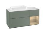 Villeroy und Boch Finion Waschtischunterschrank G281PCGM 120cm, Abdeckplatte white matt, Emotion, Regal rechts Oak Veneer, Olive Matt Lacquer