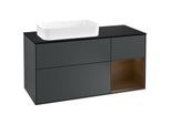 Villeroy und Boch Finion Waschtischunterschrank F282GNHG 120cm, Abdeckplatte black matt, Regal rechts Walnut veneer, Midnight Blue Matt Lacquer