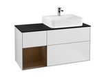 Villeroy und Boch Finion Waschtischunterschrank F142GNMT 120cm, Abdeckplatte Glass Black Matt, Regal links Walnut veneer, White matt lacquer