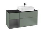 Villeroy und Boch Finion Waschtischunterschrank F142GKGM 120cm, Abdeckplatte Glass Black Matt, Regal links Anthracite matt, Olive Matt Lacquer